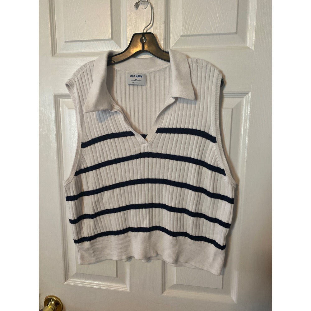 Old Navy Womens XXL White Navy Striped Ribbed Knit Polo Collar Sweater Vest